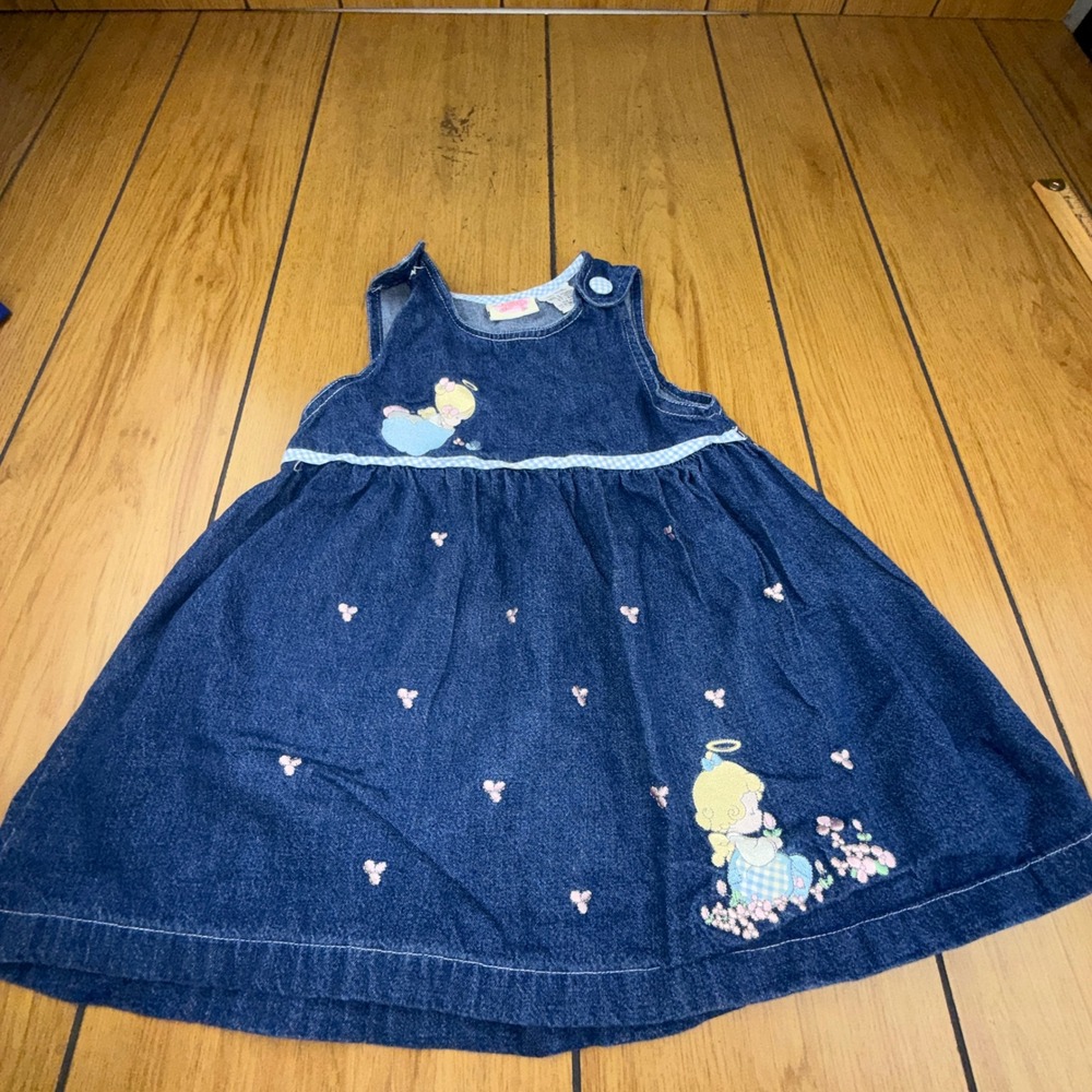 Precious Moments Vintage Denim Dress 4T Blue Cotton Embroidered Angel Gingham